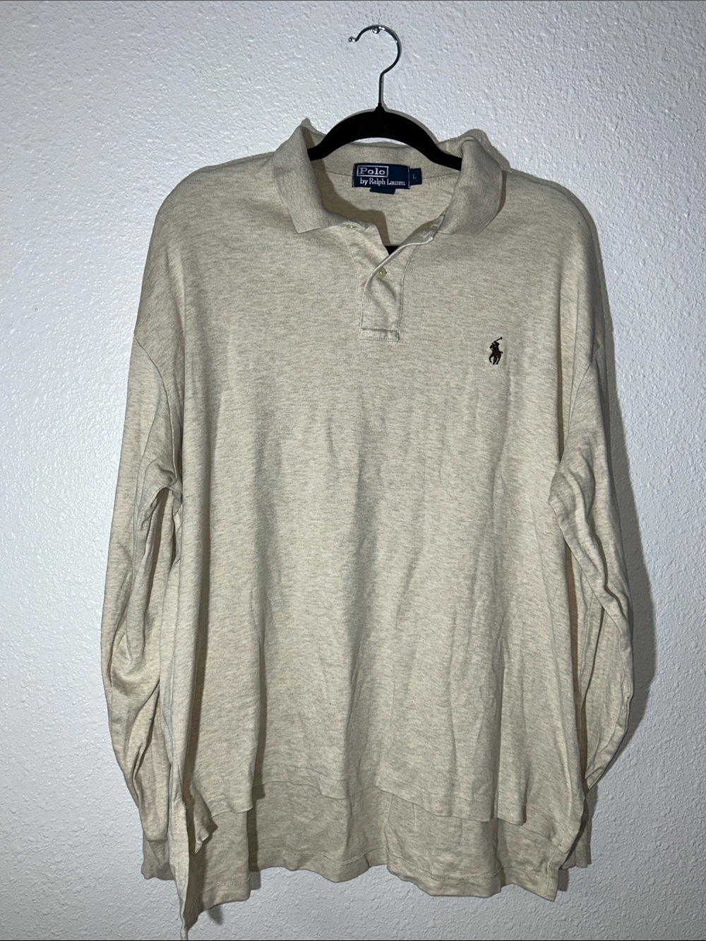 Vintage Men’s Polo by Ralph Lauren Long-Sleeve Polo Shirt - Cream/Brown Sz L